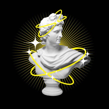Siyah arka planda sarı soyut tasarım unsurları olan antik bir heykel büstü. Çağdaş sanat kolajı. Yaratıcılık kavramı, antik sanat, hayal gücü ve ilham. Yaratıcı tasarım