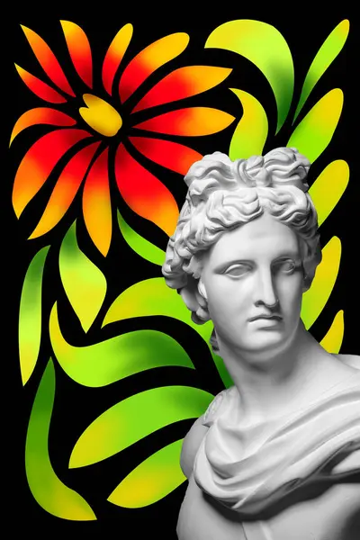 Antike Büste Aus Gips Vor Schwarzem Hintergrund Mit Farbenfrohen Blumenzeichnungen — Stockfoto