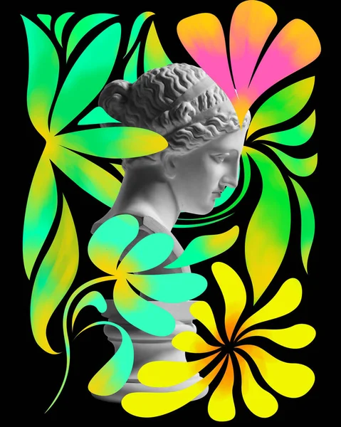 Antique female plaster statue bust against black background with colorful flowers drawings. Contemporary art collage. Concept of creativity, antique art, imagination and inspiration. Creative design