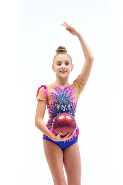Konstnärlig Liten Flicka Barn Rytmisk Gymnast Färgglada Kostym Utför Med — Stockfoto