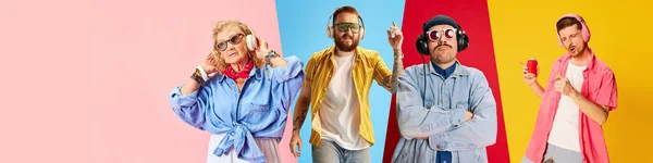 Collage with different people of different age and gender listening to music in headphones and dancing. Concept of cheerful lifestyle, music, hipster look, fashion, enjoyment and emotions