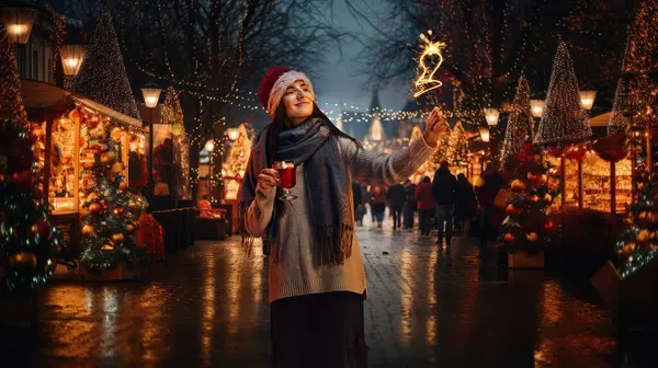 Happy young girl standing on cozy evening street in winter fair, celebrating holidays with light and glass with mulled wine. Concept of winter holidays, Christmas, traditions, outdoor fair, happiness