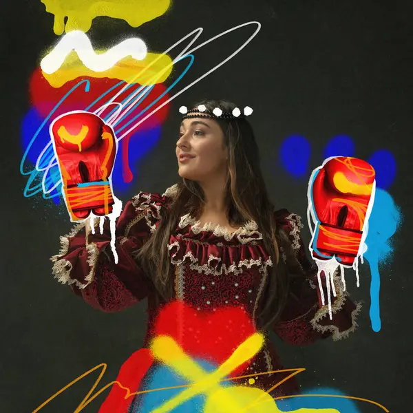 Young woman, royal person in elegant vintage dress and modern boxing gloves on dark background with colorful abstract doodles. Contemporary art collage. Concept of sport, eras comparison, retro style