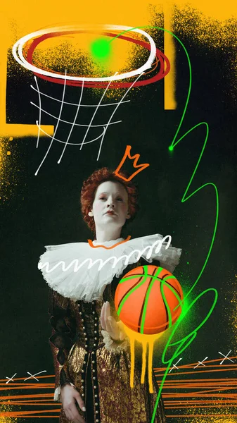 Mittelalterliche Königin Königliche Person Vintage Kleid Stehend Mit Basketballball Vor — Stockfoto