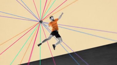 Genç bir adam, hareketli profesyonel bir atlet, renkli çizgilerle arka planda hentbol oynuyor. Hareket etmeyi, animasyonu durdurun. Profesyonel spor, yaratıcılık, sağlıklı ve aktif yaşam tarzı kavramı