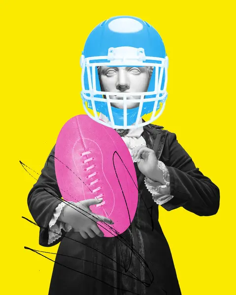 Royal person with antique statue head in helmet standing with rugby ball against bright yellow background. Contemporary artwork. Concept of sport, creativity, imagination, comparison of eras, history