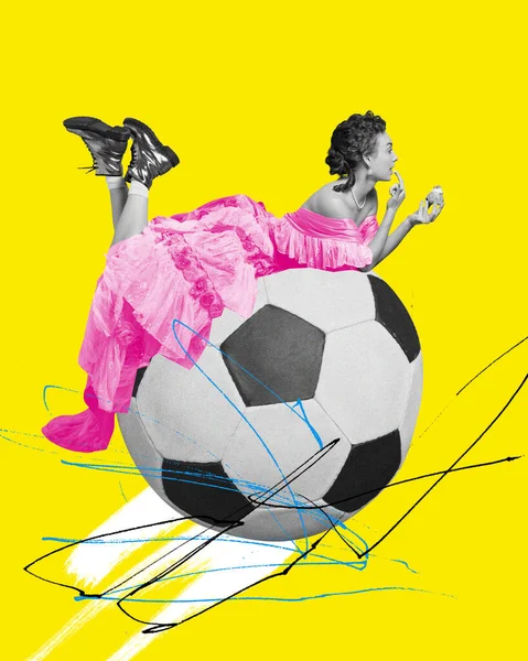 Medieval f royal person, princess in elegant dress lying on giant football ball over yellow background. Contemporary art collage. Concept of sport, creativity, imagination, comparison of eras, history