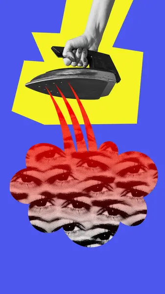 Social pressure. Human hand holding hot iron over human eyes. Manipulation. Contemporary art collage. Concept of y2k style, retro items, vintage, creativity, imagination, surrealism.