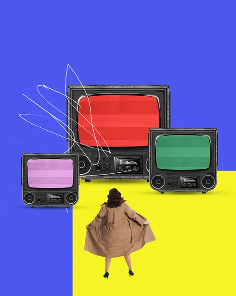 Female in coat standing near giant tv sets. Journalism, social media space. Contemporary art collage. Concept of y2k style, retro items, vintage, creativity, imagination, surrealism.