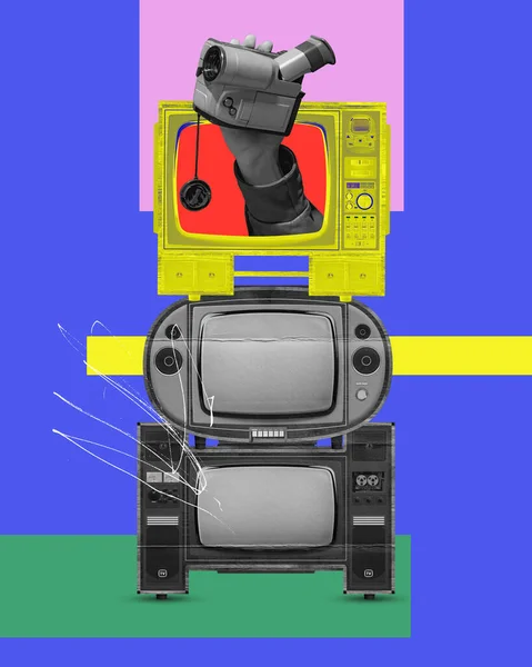 Television industry. Set of tv and video camera against blue background, Influence and journalism. Contemporary art. Concept of y2k style, retro items, vintage, creativity, imagination, surrealism.