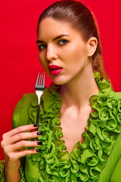 Close Portrait Attractive Woman Looking Camera Holding Impaled Fork Vitamin — Stock Photo, Image