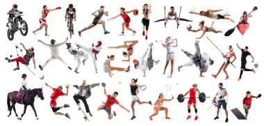Farklı insanlardan, kadınlardan, dalgıçlardaki profesyonel sporculardan oluşan kolaj beyaz arka planda izole edilmiş bir spordur. Spor, rekabet, başarılar, olay, oyun kavramı
