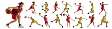 İki genç kızdan oluşan kolaj, beyaz arka planda izole edilmiş oyun sırasında hareket eden profesyonel basketbol oyuncuları. Spor anlayışı, rekabet, başarılar, olay, oyun. Pankart