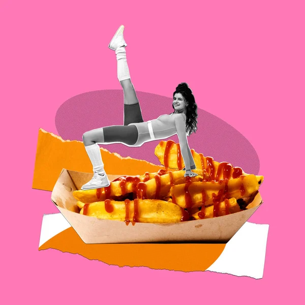 Young slim woman in sportswear training on delicious fiend potato with ketchup. Junk food and healthy life. Contemporary artwork. Concept of food, creativity, imagination, surrealism, pop art style