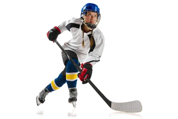 Chica Joven Atleta Jugador Hockey Movimiento Entrenamiento Jugando Aislado Sobre — Foto de Stock