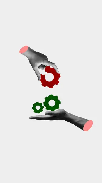 Human Hands Red Green Gears Settings Icons Light Background Working — Stock Photo, Image