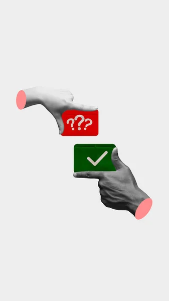 Human Hands Holding Red Green Card Question Check Marks Meaning — Stock Photo, Image