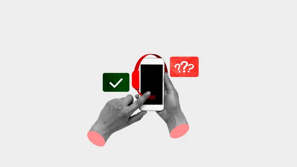 Kırmızı Yeşil Kartı Olan Ele Tutuşan Soru Kontrol Işaretleri Yani — Stok fotoğraf