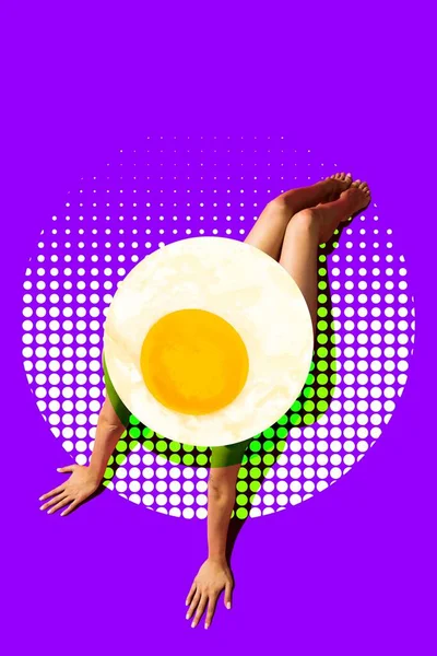 Young woman in swimsuit, with slim tanned body, sunbathing over purple background. hat in image of egg. Contemporary art collage. Concept of creativity, summer vibe, travel, surrealism, abstract art