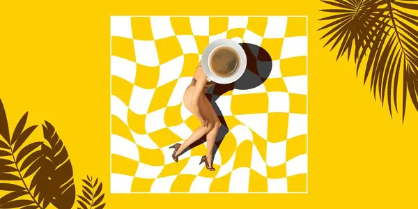 Slim young woman with tanned body and coffee up over head lying on bright yellow background with palm shadows. Contemporary art collage. Concept of creativity, summer vibe, travel, surrealism