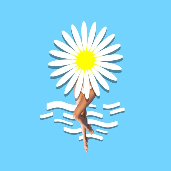 Slim young woman with slender legs sanding behind giant flower over blue background. Contemporary art collage. Concept of creativity, summer vibe, travel, surrealism, abstract art