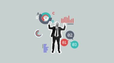 Kazanan mutlu iş adamı. Başarı, satış, iş, başarı, ilerleme, kariyer konsepti. Hareket etmeyi, animasyonu durdurun. Grafik ve çizelge elemanları çiziliyor. Kariyer basamağı. Başarıya kadar..