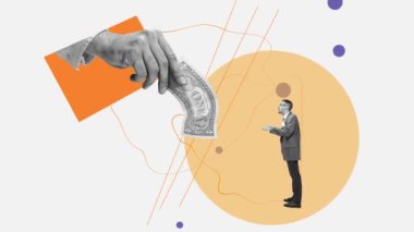 İşim için çok az para. İş ceketi giyen genç üzgün adam elleriyle para hareketi yapıyor, maaş istiyor. Hareket etmeyi, animasyonu durdurun. Ofis çalışanı yaşam tarzı konsepti.