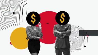 Kafası yerine dolar işareti olan takım elbiseli bir iş adamı. Para bağımlılığı kavramı, sadece para, iş, girişim, kariyer için çalışma dur hareketi, animasyon