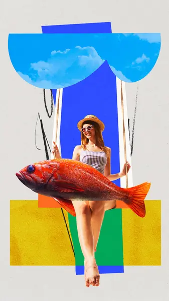 Elegante Jonge Vrouw Zwaaiend Met Reuzenvis Tegen Abstracte Kleurrijke Achtergrond — Stockfoto
