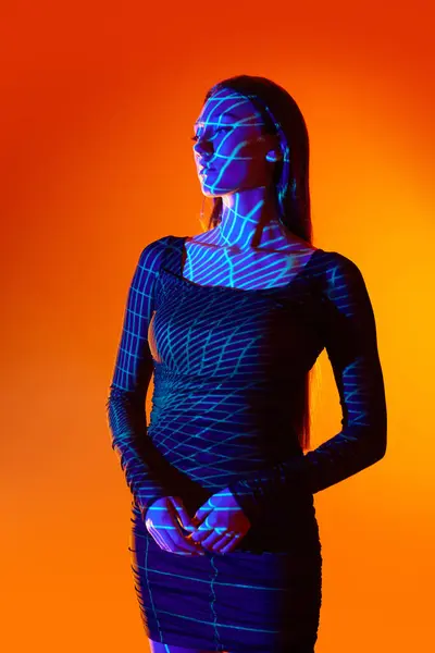 Portrait Young Elegant Beautiful Girl Posing Orange Studio Background Neon — Stok Foto