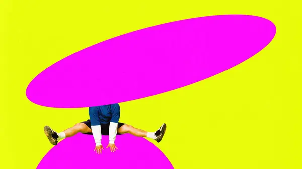 Young man in sport style clothes jumping over colorful abstract elements on yellow background. Contemporary artwork. Concept of surrealism, pop art style, creativity. Empty space to insert your space