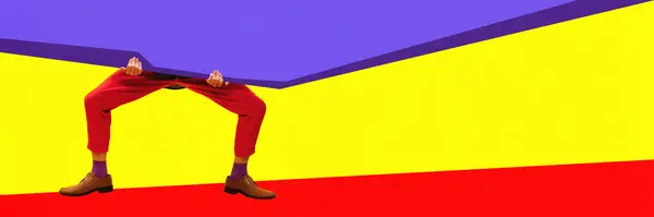 カラフルな背景の上に男性の足 広告のためのバナー 現代アートコラージュ シュルレアリズム ポップアートスタイル 創造性の概念 スペースを挿入するための空きスペース 補完色について — ストック写真