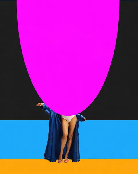Young woman in gown hiding behind giant geometric figure over colorful background. Contemporary art collage. Concept of surrealism, pop art style, creativity. Empty space to insert your space.