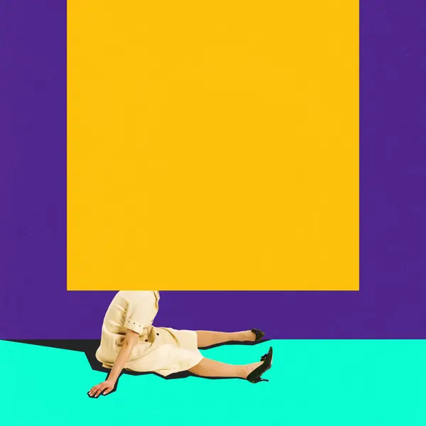 Head full of thoughts. Young woman sitting with giant empty space over head. Contemporary art collage. Concept of surrealism, pop, creativity. Empty space to insert your space. Complementary colors.