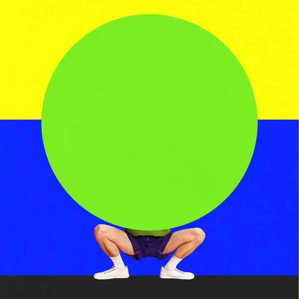Sport competition. Man sitting under giant round circle. Contemporary art collage. Concept of surrealism, pop art style, creativity. Empty space to insert your space. Complementary colors.
