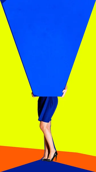 Woman in dress and heels holding giant empty banner over yellow background. Contemporary art. Concept of surrealism, pop art style, creativity. Empty space to insert your space. Complementary colors.