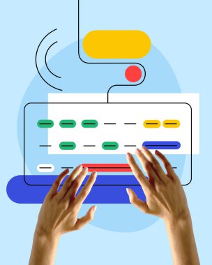 Kadın eli daktiloda. Kadın, programcı çevrimiçi çalışıyor, hataları düzeltiyor, uygulamaları ve projeleri geliştiriyor. Çağdaş sanat kolajı. İş kavramı, modern teknolojiler, bilişim, yenilikler