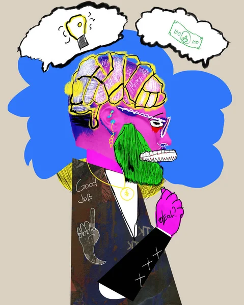Businessman thinking about profits and successful ideas for professional growth and development of profits. Contemporary art. Concept of business, achievement, occupation, surrealism. Colorful design