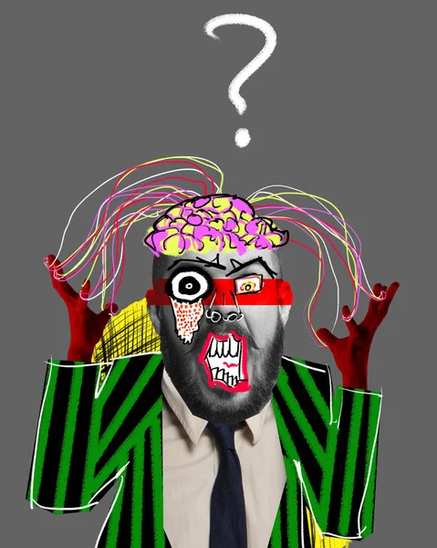 Anger and irritation. Businessman with questioning mark over head expressing annoyance and misunderstanding. Contemporary art. Concept of business, achievement, occupation, surrealism. Colorful design