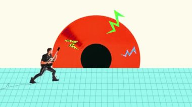 Rock müzisyeni. Soyut arka planda gitar çalan şık, duygusal genç bir adam. Hareket etmeyi, animasyonu durdurun. Sanat, yaratıcılık, müzik yaşam tarzı, caz, rock-n-roll ve retro tarzı konsept