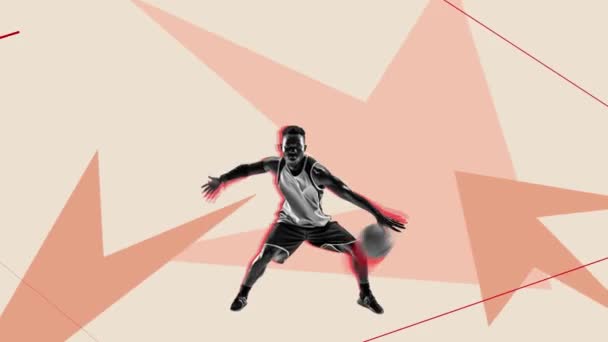 Молодой Африканский Человек Профессиональный Баскетболист Движении Бросает Мяч Рукой Выигрывает — стоковое видео