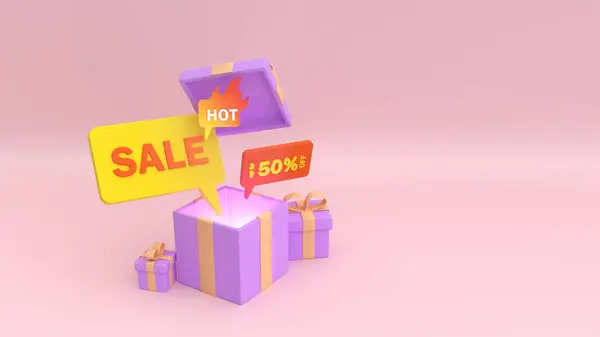 Open present box with 50 percent discount for good shopping. Big sale season. Gift for birthdays, holidays. Concept of shopping, sales, special offer. 3D render. Creative collage, banner, poster