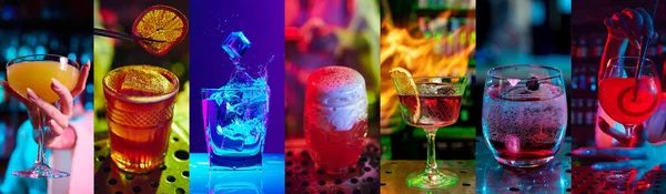 Collage Different Types Cocktails Neon Colored Bar Margarita Martini Mojito — Stock Photo, Image