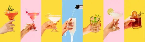 stock image Collage. Different types of alcohol beverages on multicolored bright backgrounds. Margarita, pink lady, champagne, mojito and negroni cocktails. Concept of party, alcohol drink, celebration, enjoyment