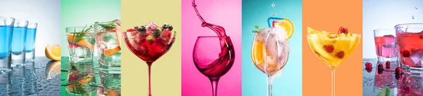 Collage Verschillende Soorten Alcoholische Dranken Veelkleurige Achtergronden Wijn Martini Sangria — Stockfoto
