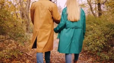 Ilık bir günde, sonbahar ormanlarında yürüyen şık paltolu bir çift. Sonbahar mevsimi kavramı, ilişki, hafta sonu aktivitesi, doğa keyfi