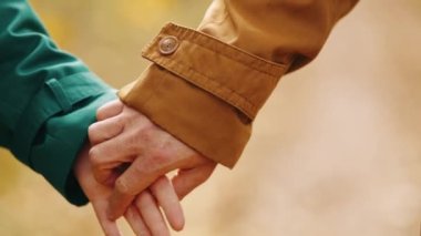 El ele tutuşmaya odaklan. Erkek ve kadının el ele tutuşmasına, kaynaşmasına. Aşk ve ilişki jesti. Sonbahar mevsimi kavramı, ilişki, hafta sonu aktivitesi, doğa keyfi