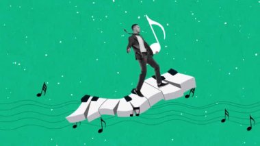 Romantik müzik. Yeşil arka planda izole edilmiş piyano tuşları üzerinde yürüyen takım elbiseli genç adam. Şarkı ve müzik yazarı. Hareket etmeyi, animasyonu durdurun. Yaratıcılık kavramı, ilham, müzik, yetenek