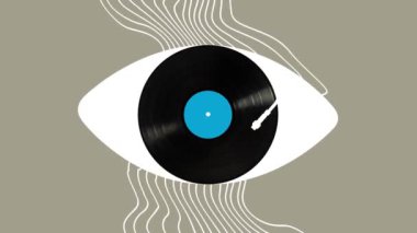 Çağdaş sanat. Retro vinil disk ışık arkaplanı üzerinde izole edildi. Hareket etmeyi, animasyonu durdurun. Müzik yaşam tarzı kavramı, yaratıcılık, ilham, hayal gücü, reklam.