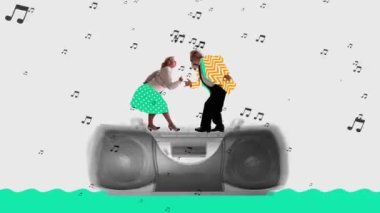 Sonsuz müzik. 70 'li yaşlarda, 80' li yılların moda tarzı hafif arka planda klasik pikapta retro dans yapan son sınıf erkek ve kadınlar. Hareket etmeyi, animasyonu durdurun. Minimalizm. Sanat, moda ve müzik.